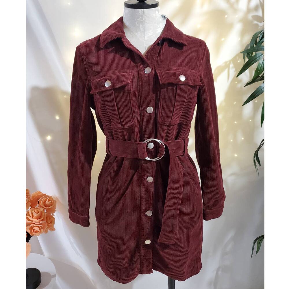 Topshop Corduroy Belted Button Mini Dress Womens Size 2 Petite Burgundy Red Fall